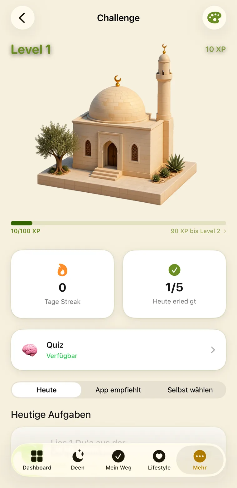 Amanah App, Challenge-Modus mit Level, Streak und heutigen Aufgaben