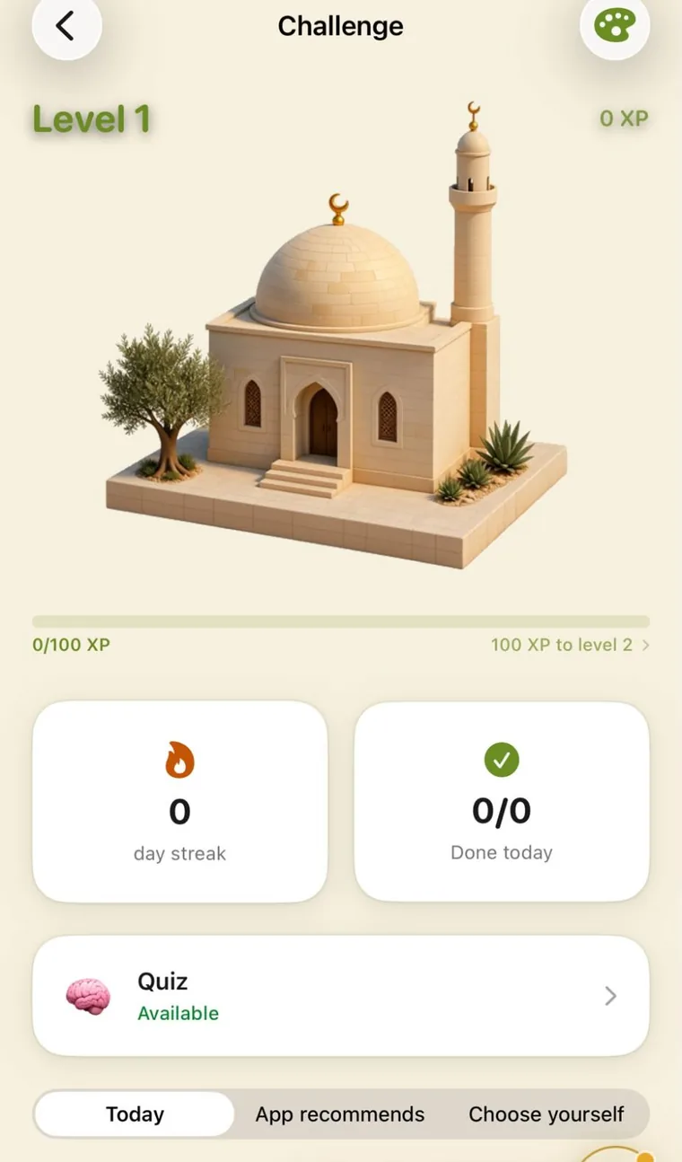 Amanah app, Challenge mode with Level, Streak and today’s tasks