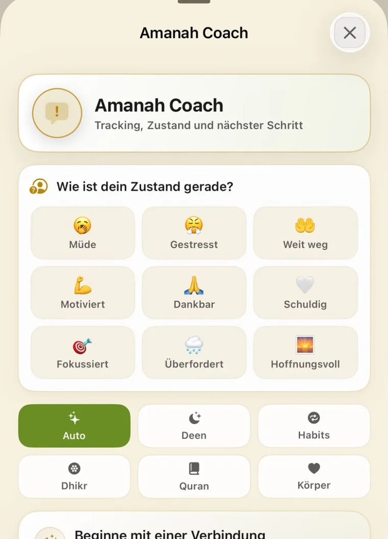 Amanah Coach in the app, shown in German: the question “How are you feeling right now?” with options such as tired, stressed, motivated and grateful, and the areas Deen, habits, dhikr, Qur’an and body