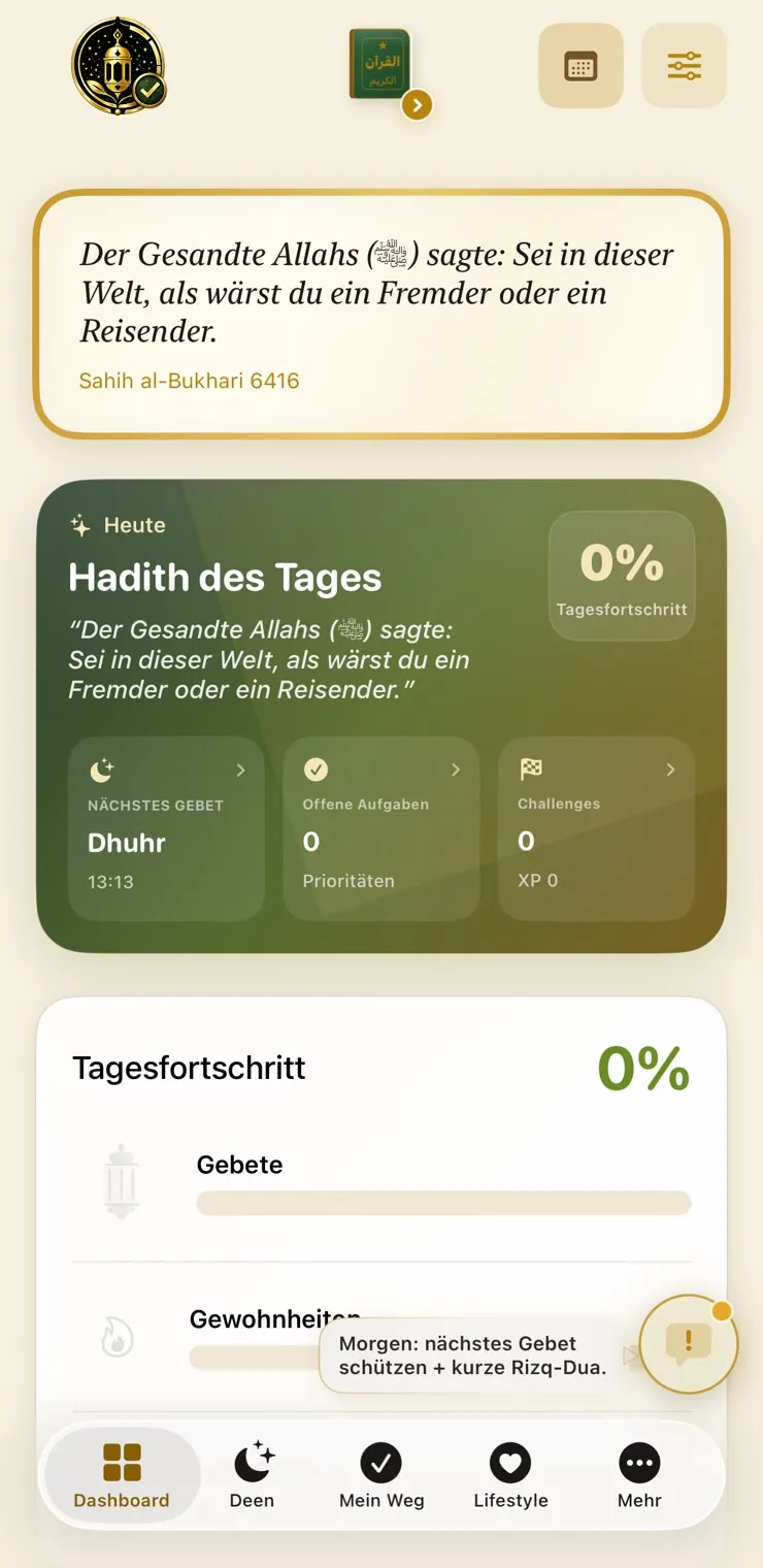 Amanah App, Dashboard mit Hadith des Tages, nächstem Gebet, offenen Aufgaben, Challenges und Tagesfortschritt