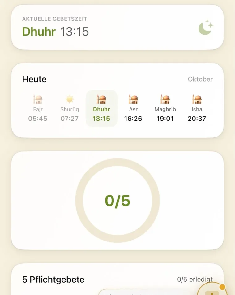Amanah app, prayer tracker with the current prayer time and today’s prayers