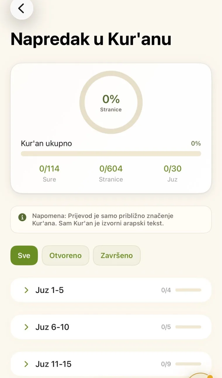 Aplikacija Amanah, napredak u Kur’anu po surama, stranicama i džuzevima