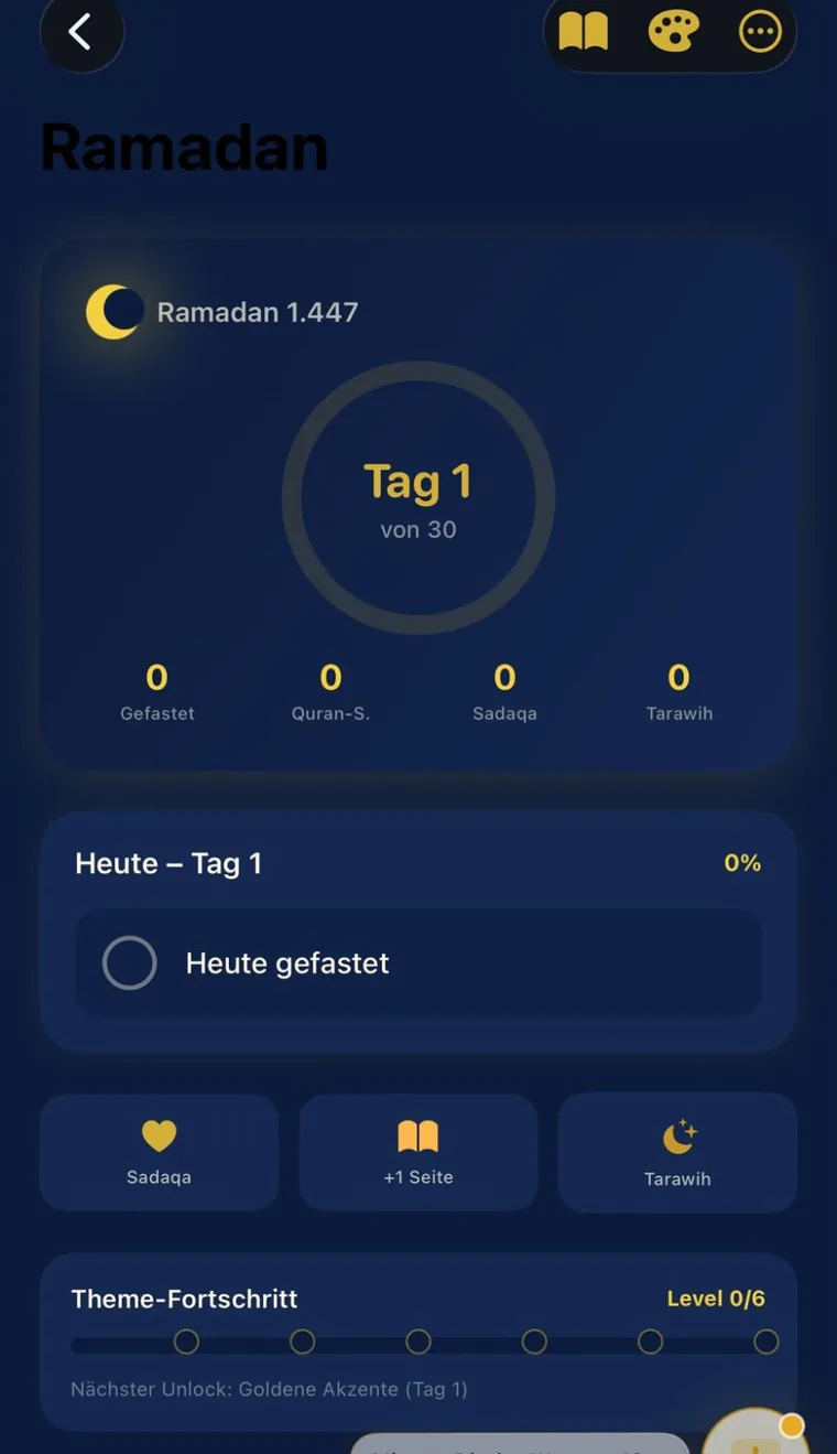Amanah app in Ramadan mode: day 1 of 30, fields for fasting, Qur’an pages, sadaqah and tarawih