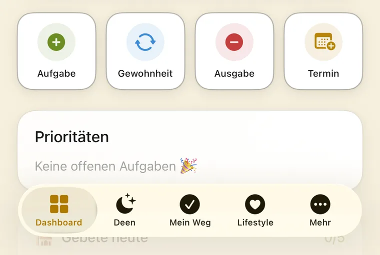 Amanah App, Schnellzugriff für Aufgabe, Gewohnheit, Ausgabe und Termin, darunter die Prioritäten